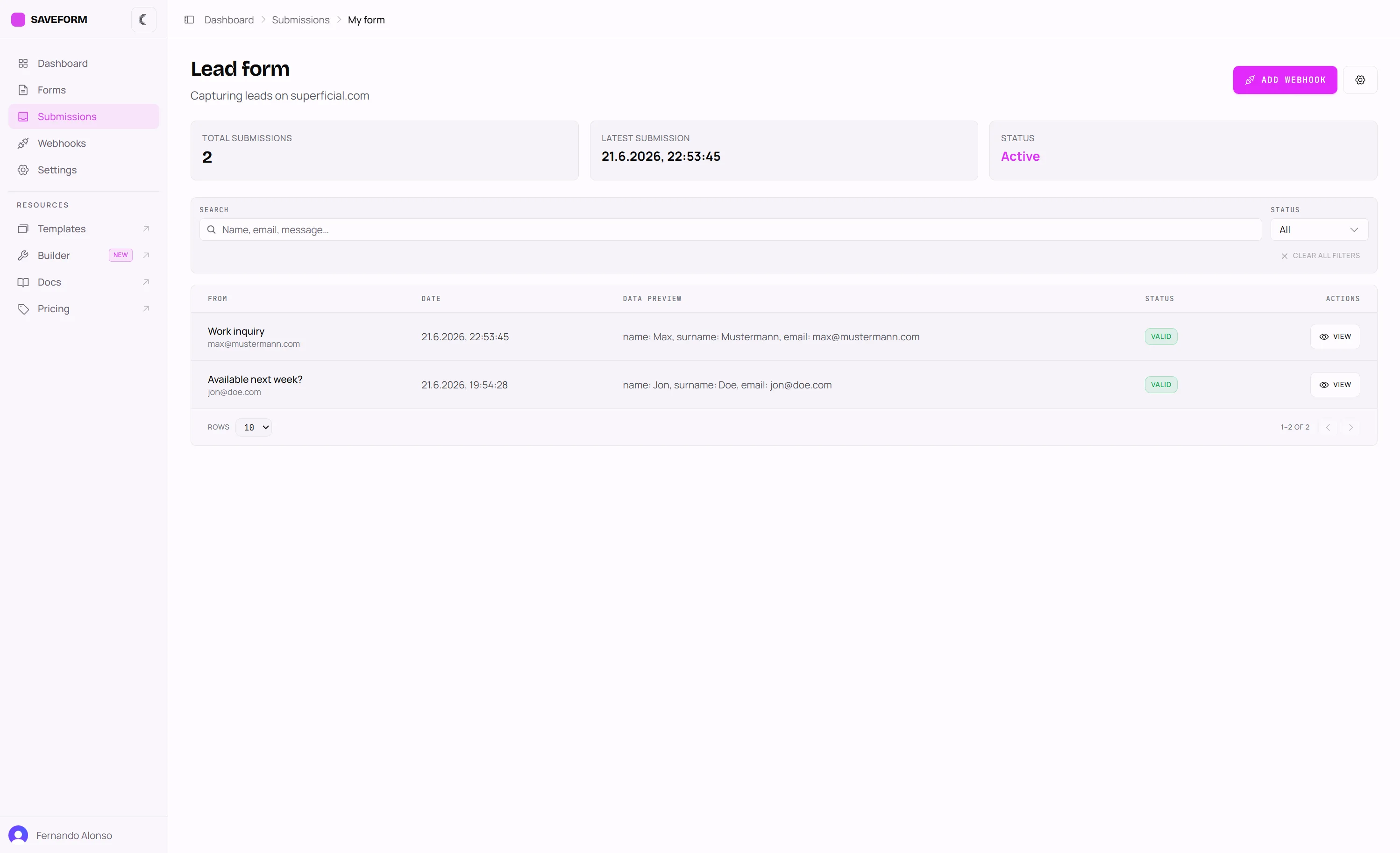 The SaveForm dashboard showing submissions for a form